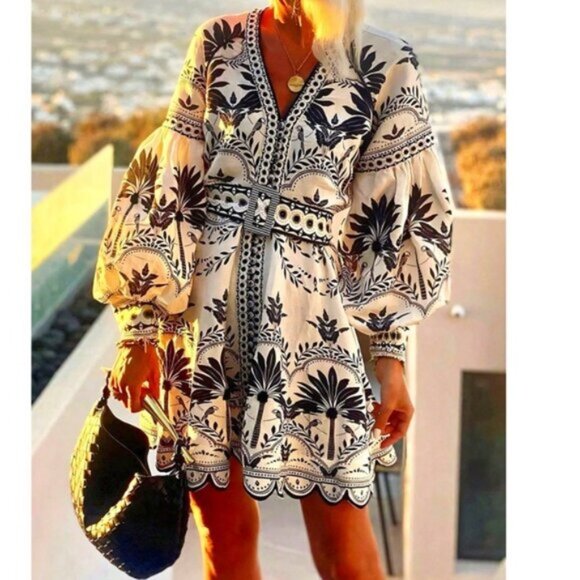 Boho Floral Print V neck Balloon Sleeve Mini Dress - Picture 1 of 4